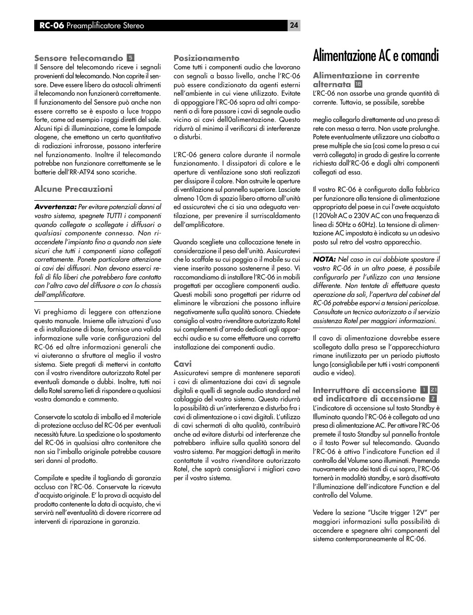 Alimentazione ac e comandi | ROTEL RC-06 User Manual | Page 24 / 56