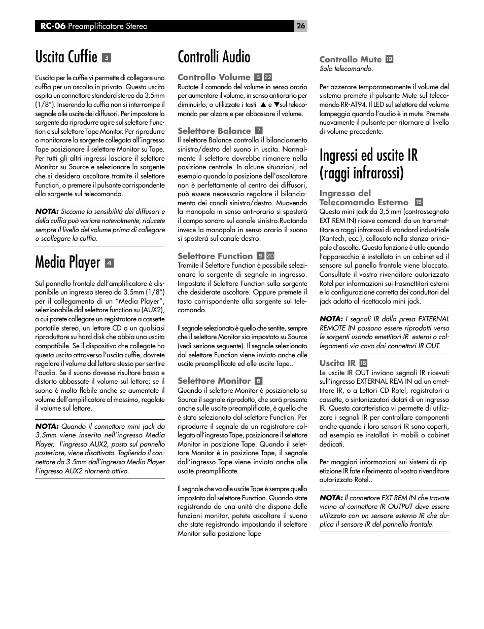 Uscita cuffi e, Media player, Controlli audio | Ingressi ed uscite ir (raggi infrarossi) | ROTEL RC-06 User Manual | Page 26 / 56