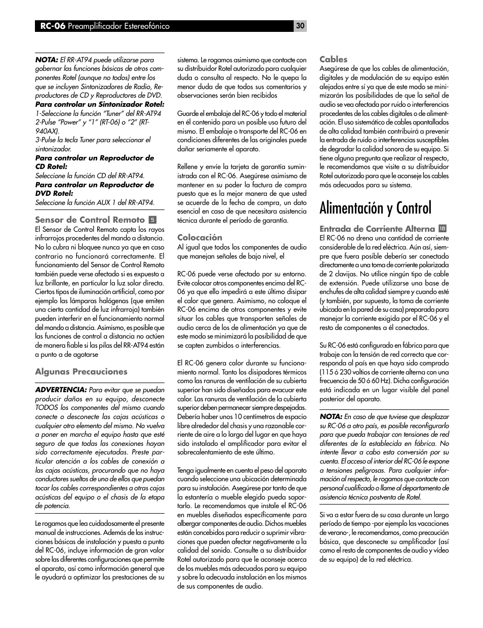 Alimentación y control | ROTEL RC-06 User Manual | Page 30 / 56