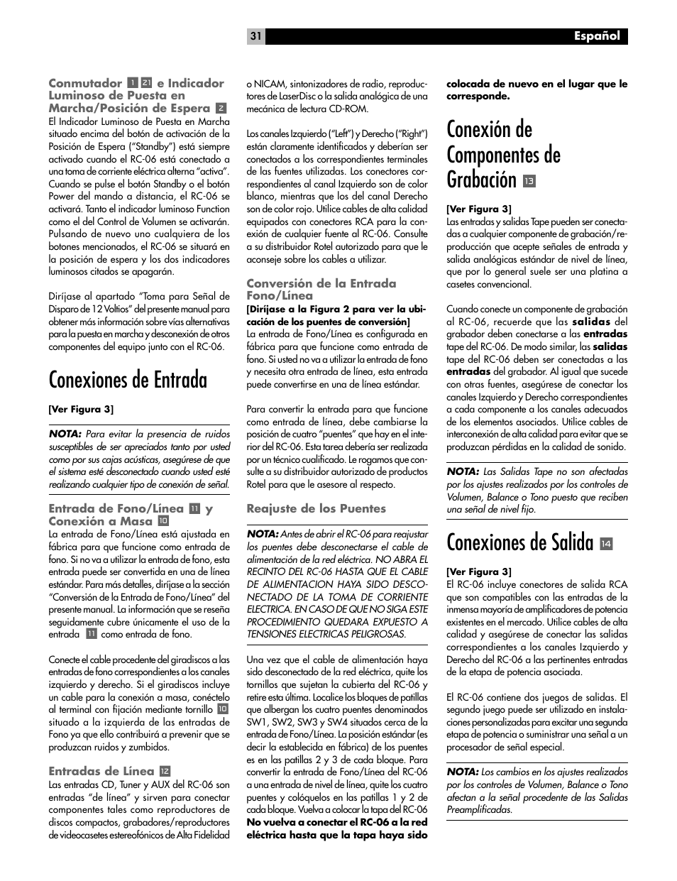 Conexiones de entrada, Conexión de componentes de grabación, Conexiones de salida | ROTEL RC-06 User Manual | Page 31 / 56