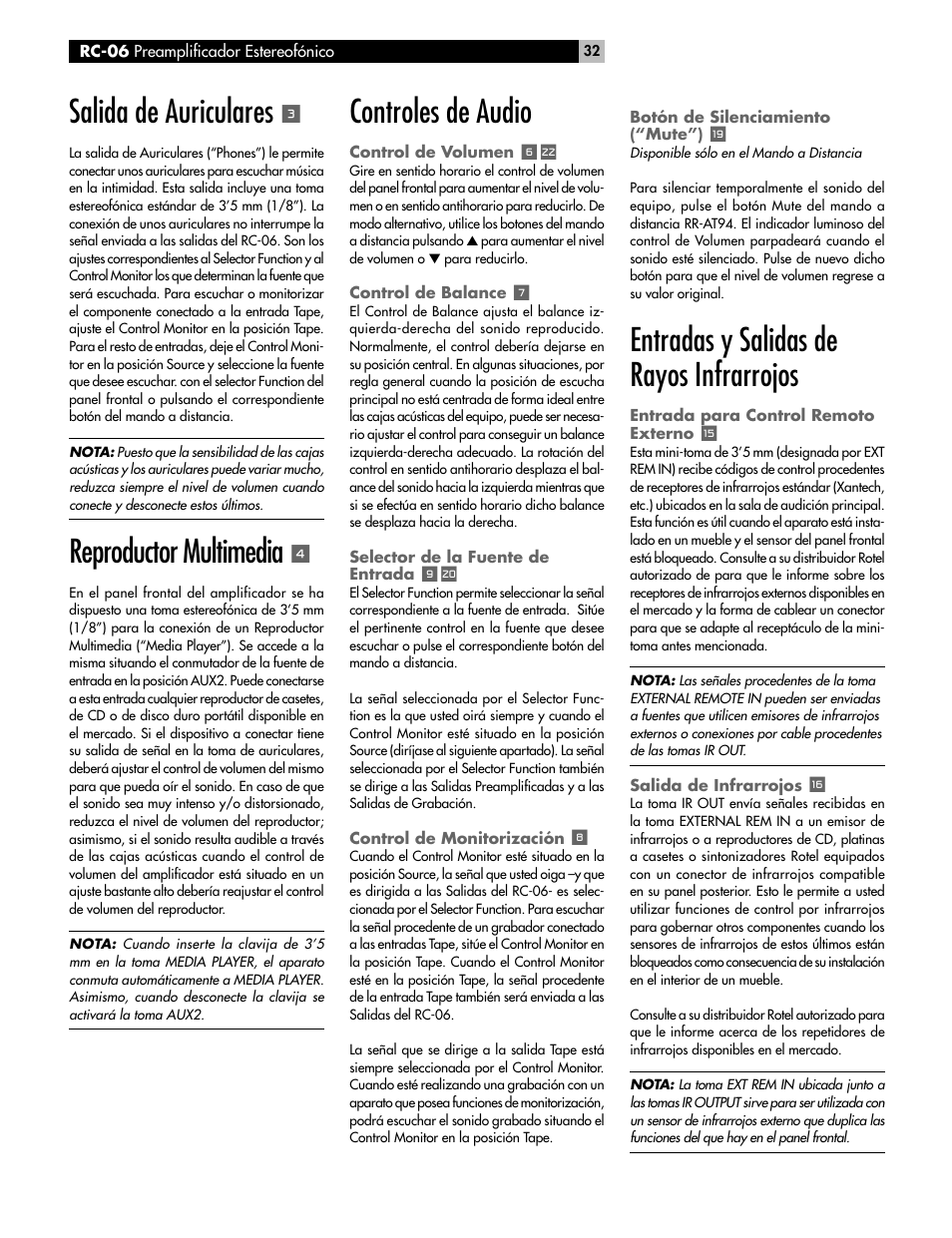 Salida de auriculares, Reproductor multimedia, Controles de audio | Entradas y salidas de rayos infrarrojos | ROTEL RC-06 User Manual | Page 32 / 56