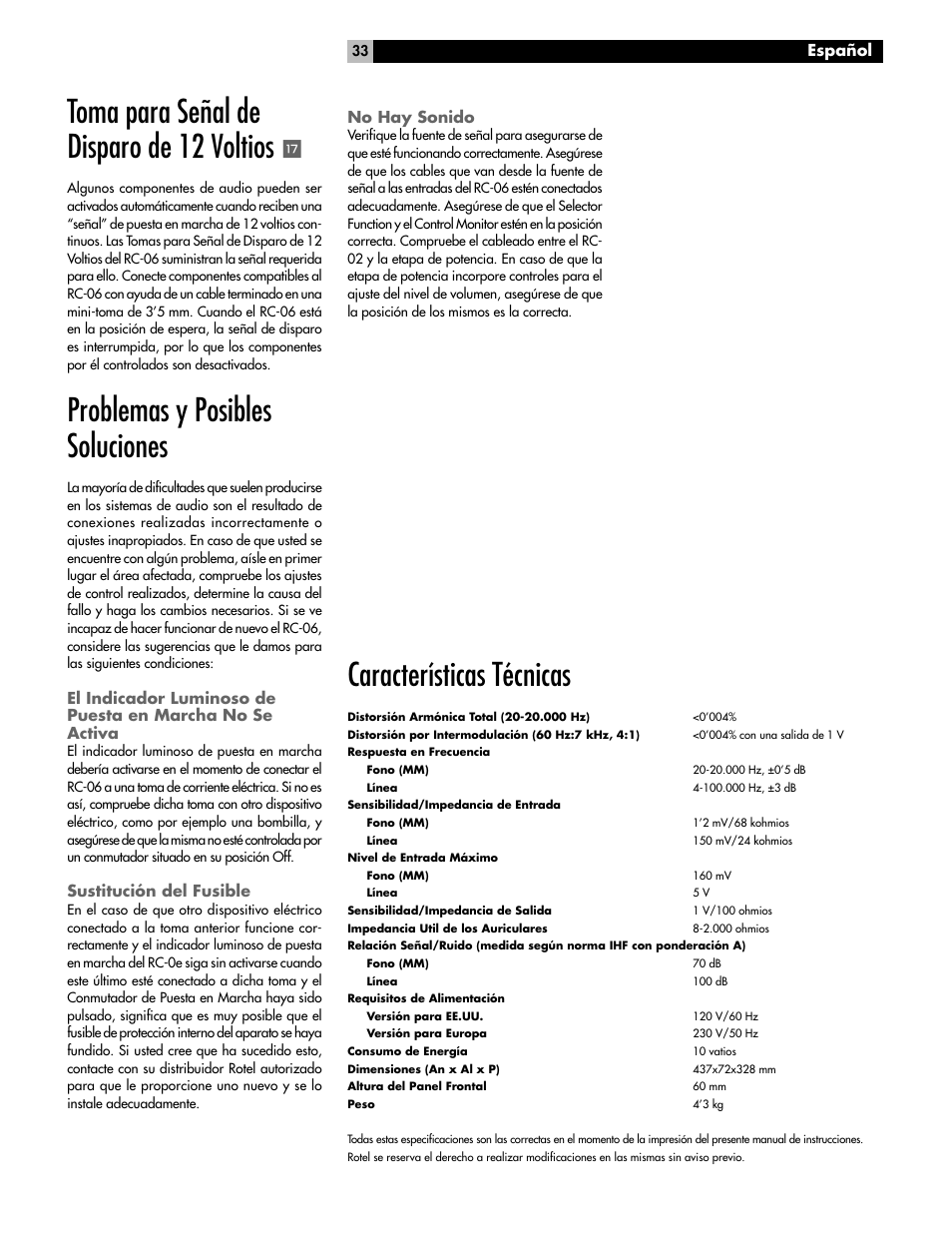 Toma para señal de disparo de 12 voltios, Problemas y posibles soluciones, Características técnicas | Español, Sustitución del fusible, No hay sonido | ROTEL RC-06 User Manual | Page 33 / 56