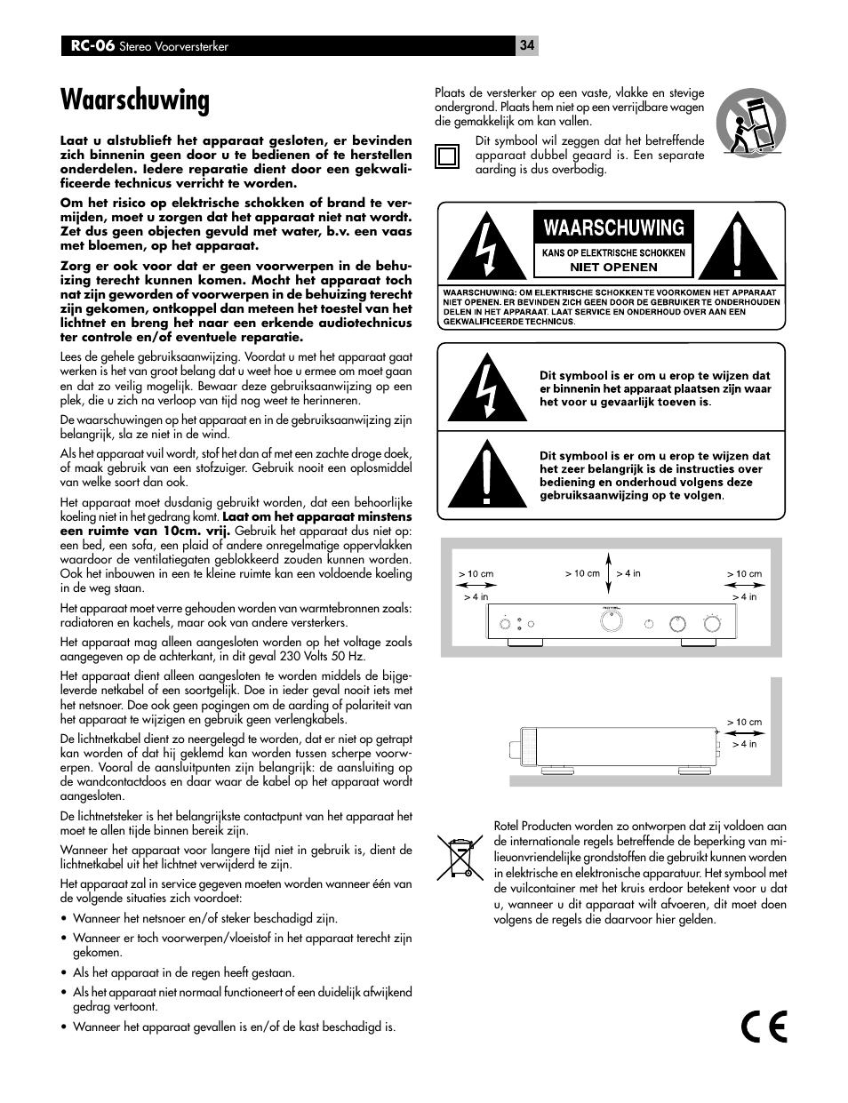 Waarschuwing | ROTEL RC-06 User Manual | Page 34 / 56