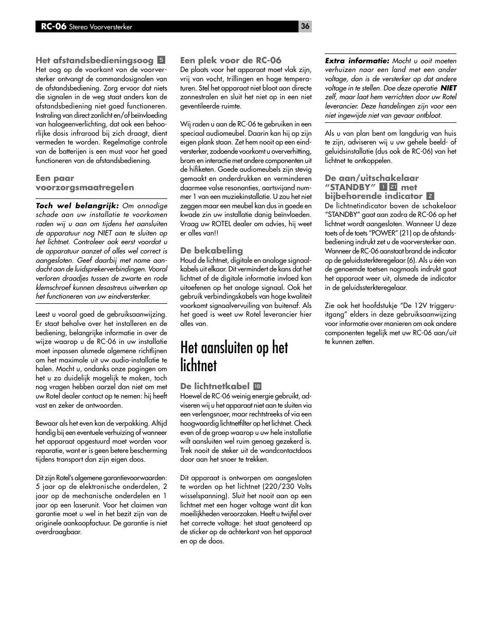 Het aansluiten op het lichtnet | ROTEL RC-06 User Manual | Page 36 / 56
