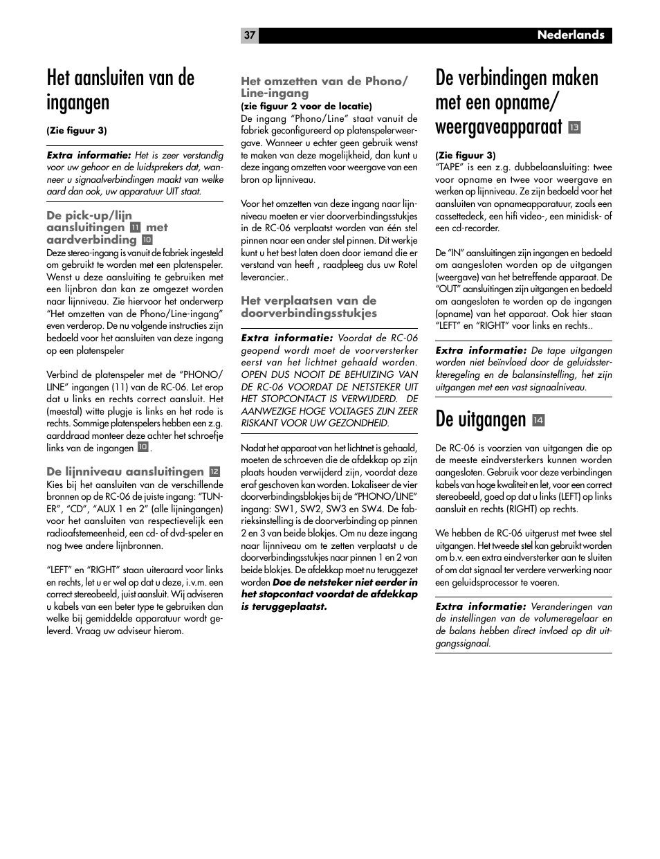 Het aansluiten van de ingangen, De uitgangen | ROTEL RC-06 User Manual | Page 37 / 56