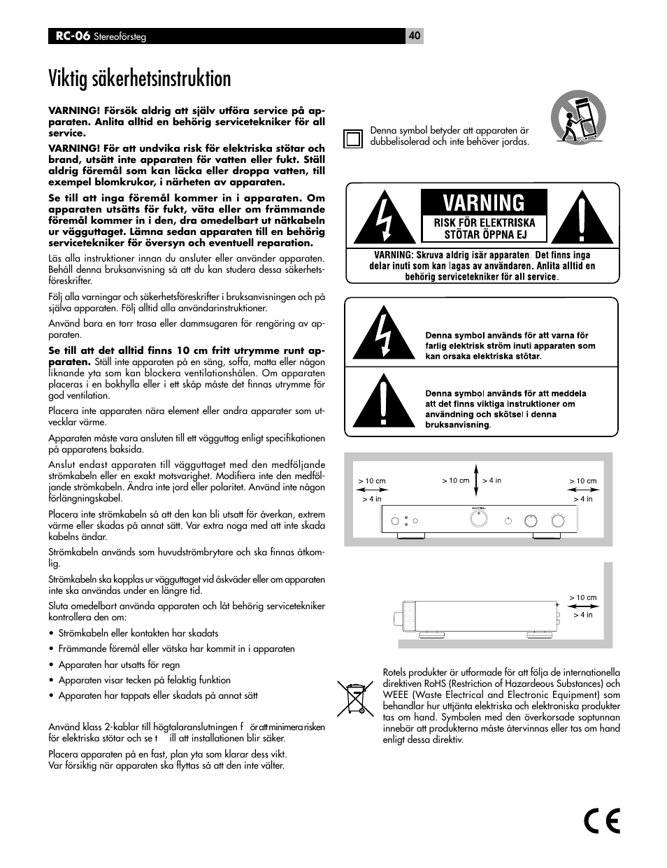 Viktig säkerhetsinstruktion | ROTEL RC-06 User Manual | Page 40 / 56