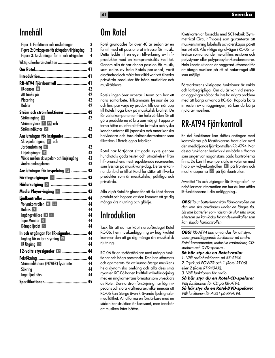 Om rotel, Introduktion, Rr-at94 fjärrkontroll | Innehåll | ROTEL RC-06 User Manual | Page 41 / 56