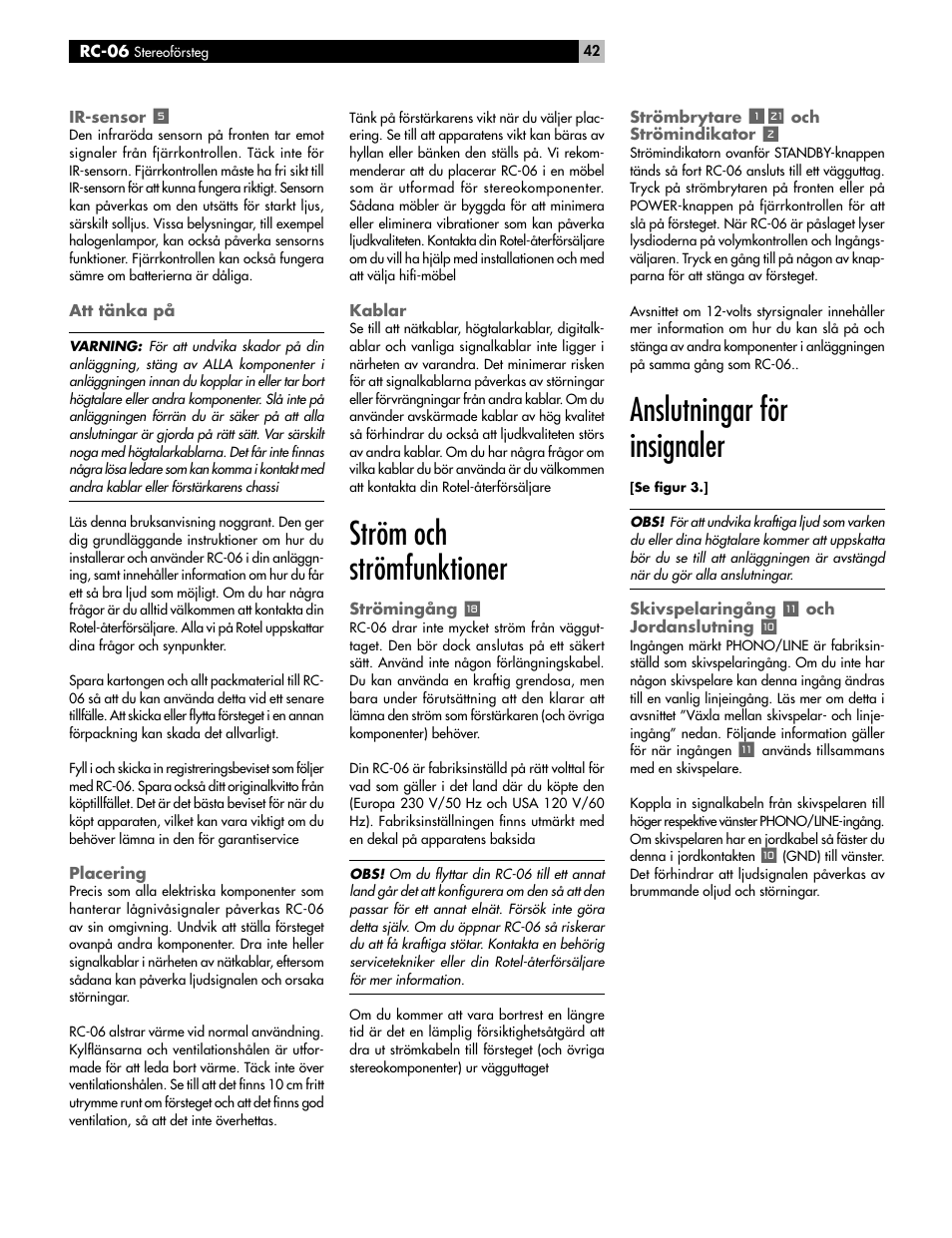 Ström och strömfunktioner, Anslutningar för insignaler | ROTEL RC-06 User Manual | Page 42 / 56