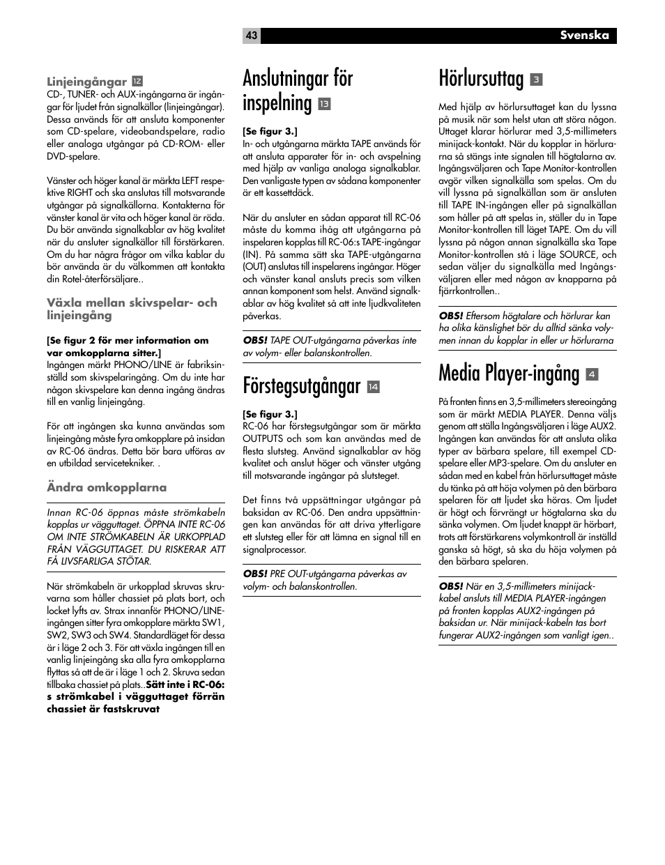 Anslutningar för inspelning, Förstegsutgångar, Hörlursuttag | Media player-ingång | ROTEL RC-06 User Manual | Page 43 / 56