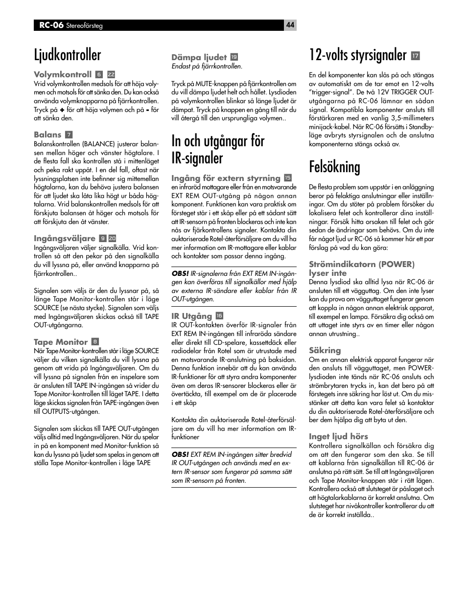 Ljudkontroller, Volts styrsignaler, Felsökning | ROTEL RC-06 User Manual | Page 44 / 56