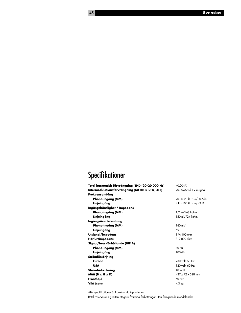 Specifi kationer, Svenska | ROTEL RC-06 User Manual | Page 45 / 56