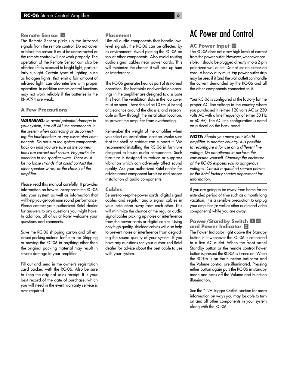 Ac power and control | ROTEL RC-06 User Manual | Page 6 / 56