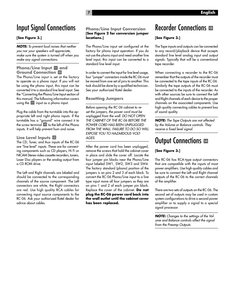 Input signal connections, Recorder connections, Output connections | ROTEL RC-06 User Manual | Page 7 / 56