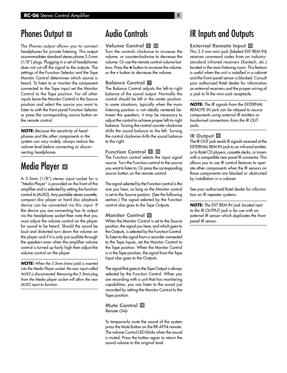 Phones output, Media player, Audio controls | Ir inputs and outputs | ROTEL RC-06 User Manual | Page 8 / 56