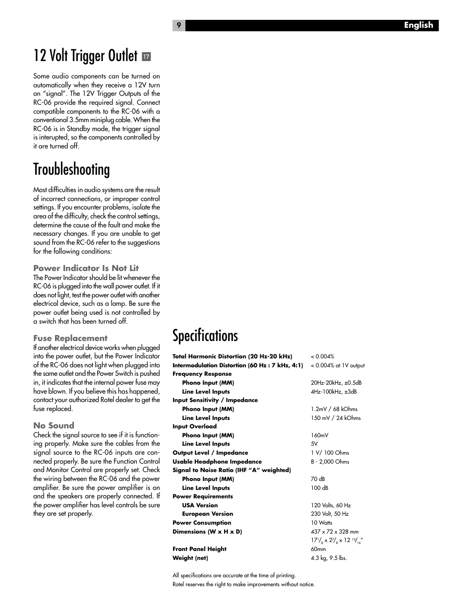 Specifi cations, 12 volt trigger outlet, Troubleshooting | English, Power indicator is not lit, Fuse replacement, No sound | ROTEL RC-06 User Manual | Page 9 / 56