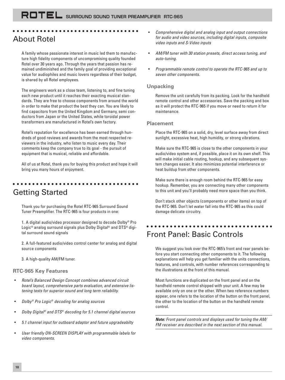 About rotel, Getting started, Rtc-965 key features | Unpacking, Placement, Front panel: basic controls | ROTEL RTC-965 User Manual | Page 10 / 24