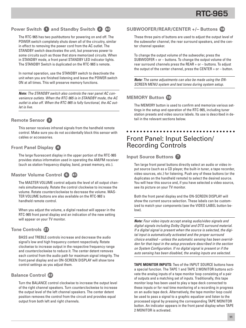 Power switch and standby switch, Remote sensor, Front panel display | Master volume control, Tone controls, Balance control, Subwoofer/rear/center +/– buttons, Memory button, Front panel: input selection/recording controls, Input source buttons | ROTEL RTC-965 User Manual | Page 11 / 24