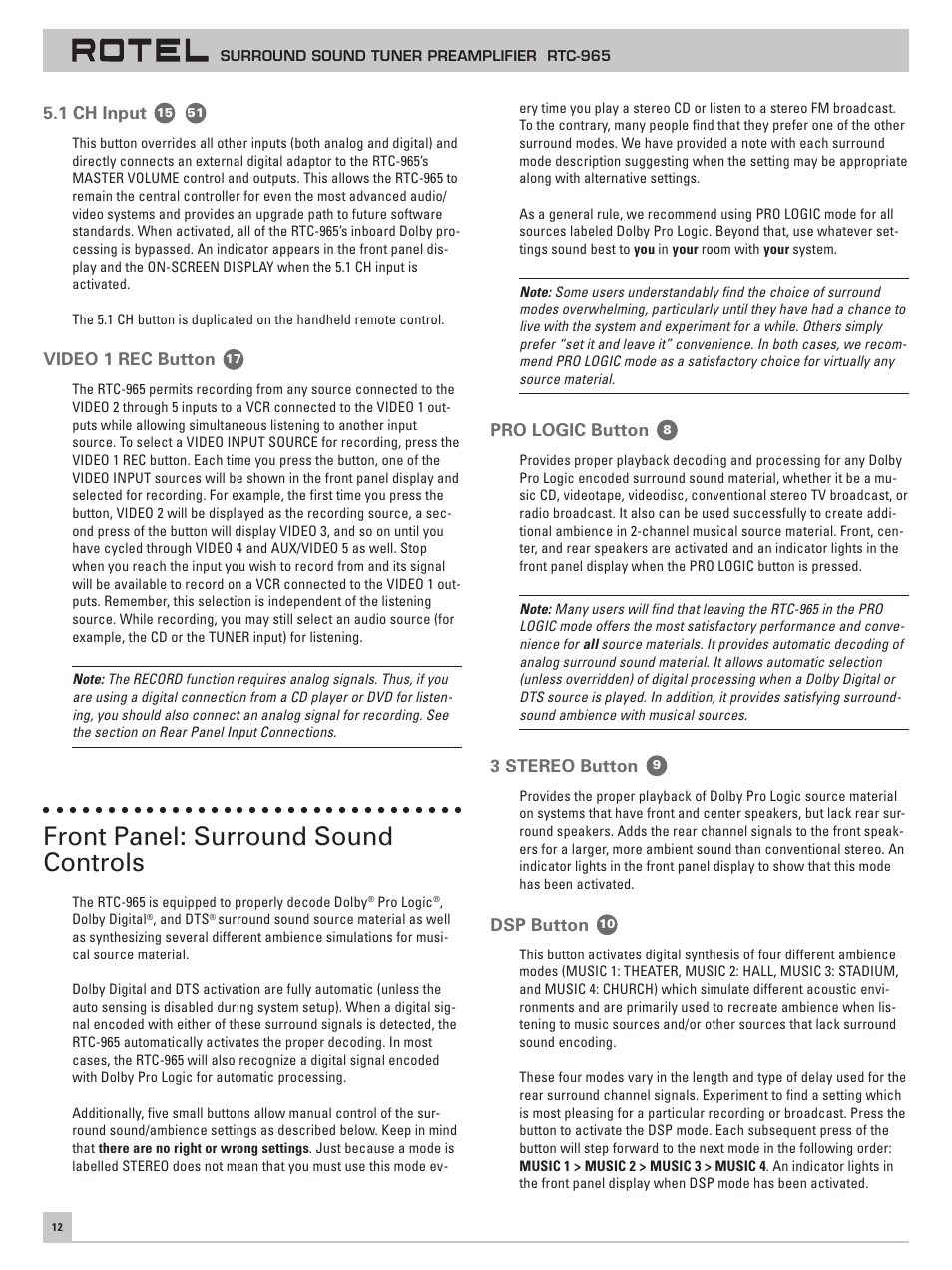 1 ch input, Video 1 rec button, Front panel: surround sound controls | Pro logic button, 3 stereo button, Dsp button | ROTEL RTC-965 User Manual | Page 12 / 24