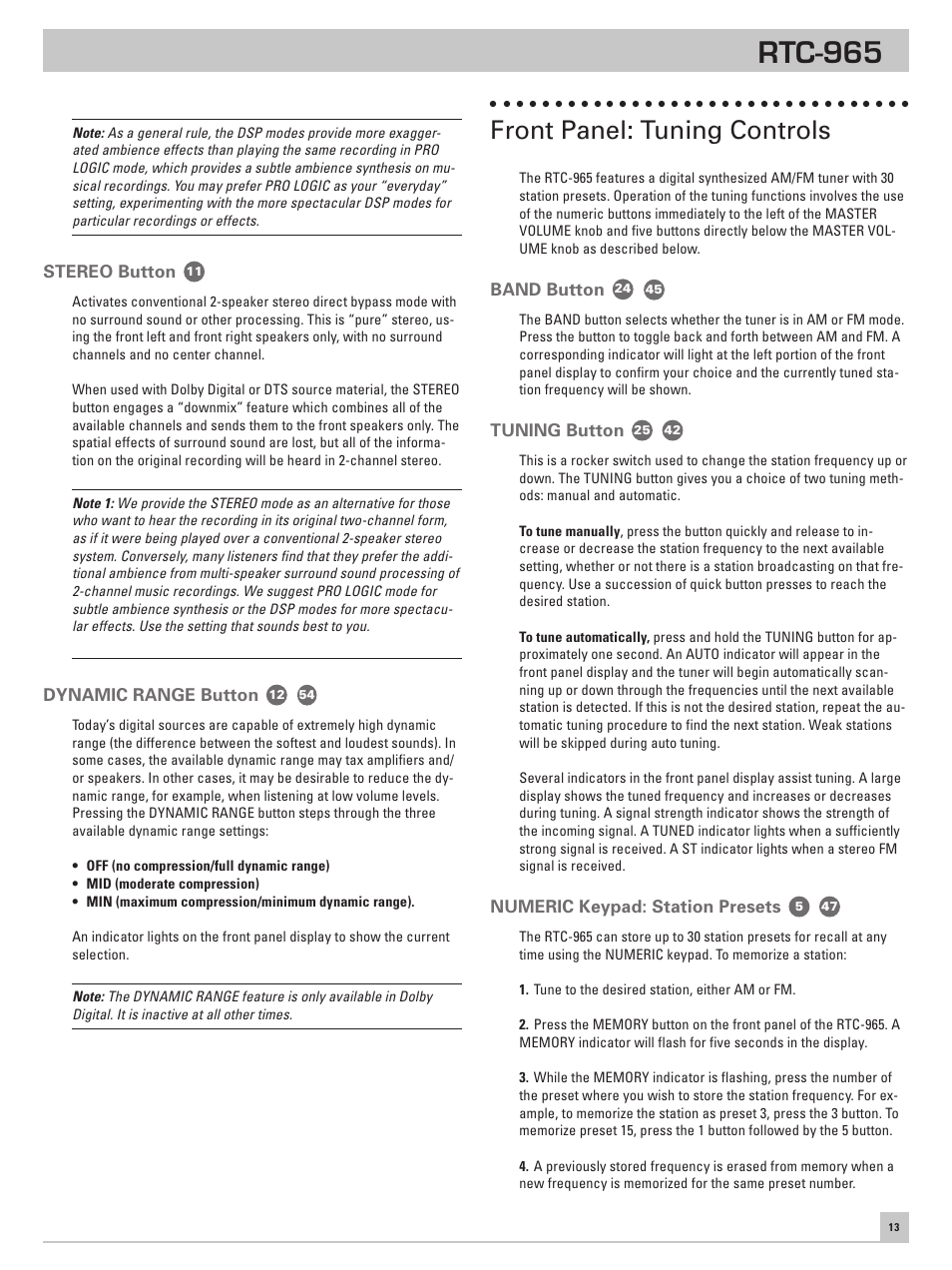 Stereo button, Dynamic range button, Front panel: tuning controls | Band button, Tuning button, Numeric keypad: station presets, Rtc-965 | ROTEL RTC-965 User Manual | Page 13 / 24