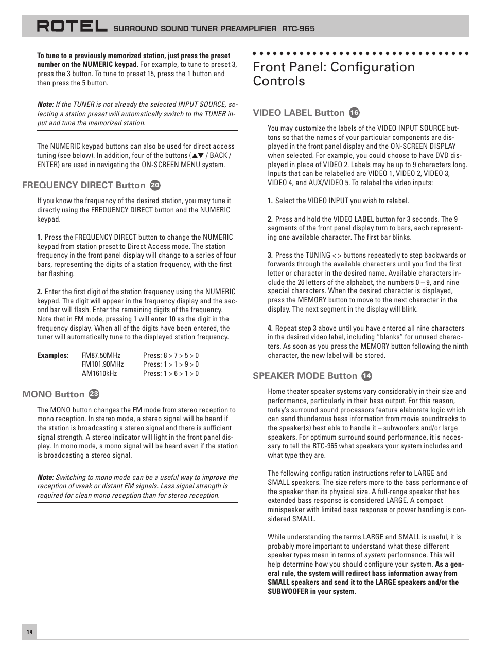 Frequency direct button, Mono button, Front panel: configuration controls | Video label button, Speaker mode button | ROTEL RTC-965 User Manual | Page 14 / 24