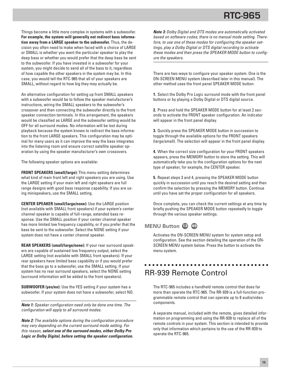 Menu button, Rr-939 remote control, Rtc-965 | ROTEL RTC-965 User Manual | Page 15 / 24