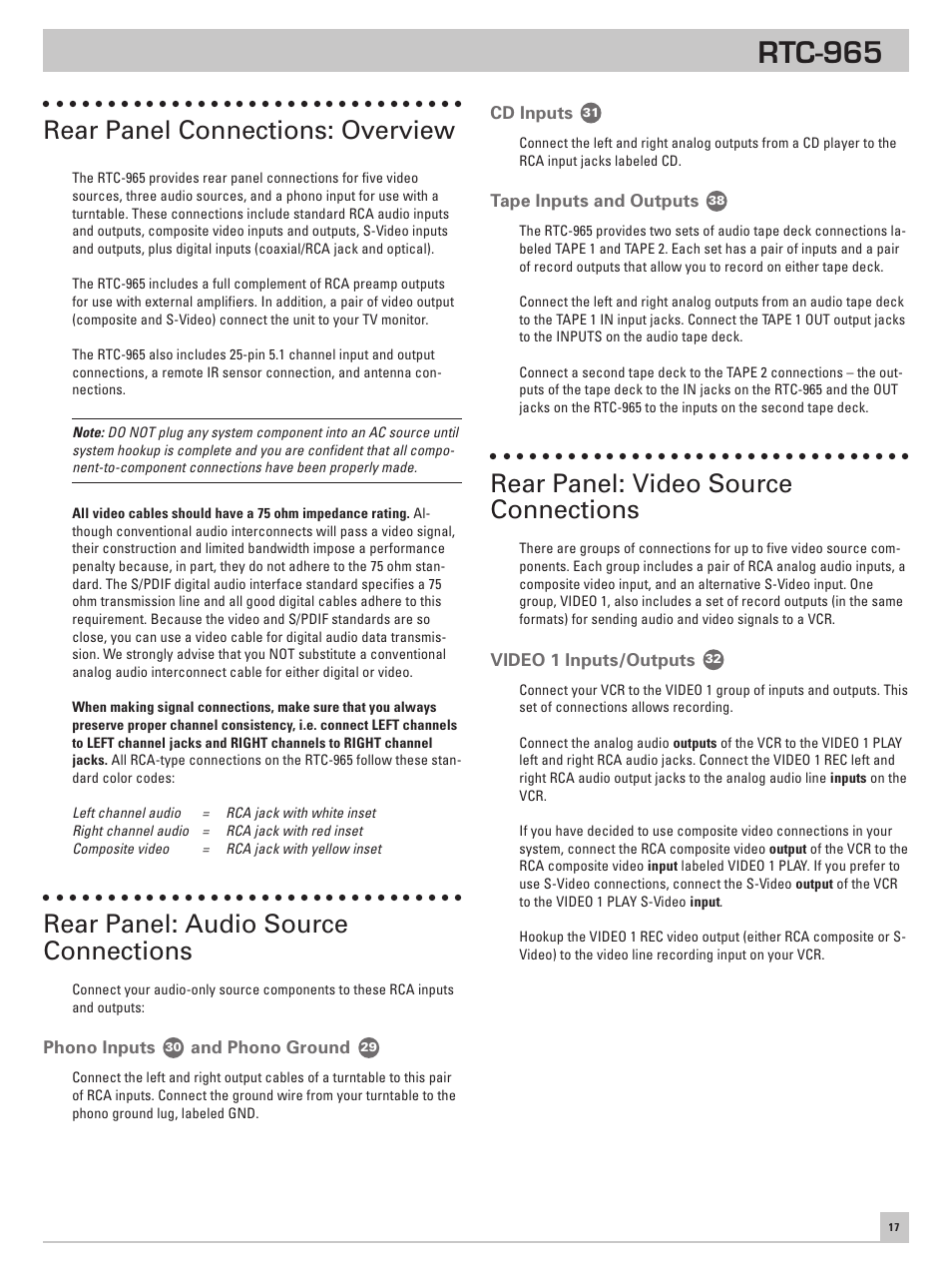 Rear panel connections: overview, Rear panel: audio source connections, Phono inputs and phono ground | Cd inputs, Tape inputs and outputs, Rear panel: video source connections, Video 1 inputs/outputs, Phono inputs, And phono ground, Rtc-965 | ROTEL RTC-965 User Manual | Page 17 / 24