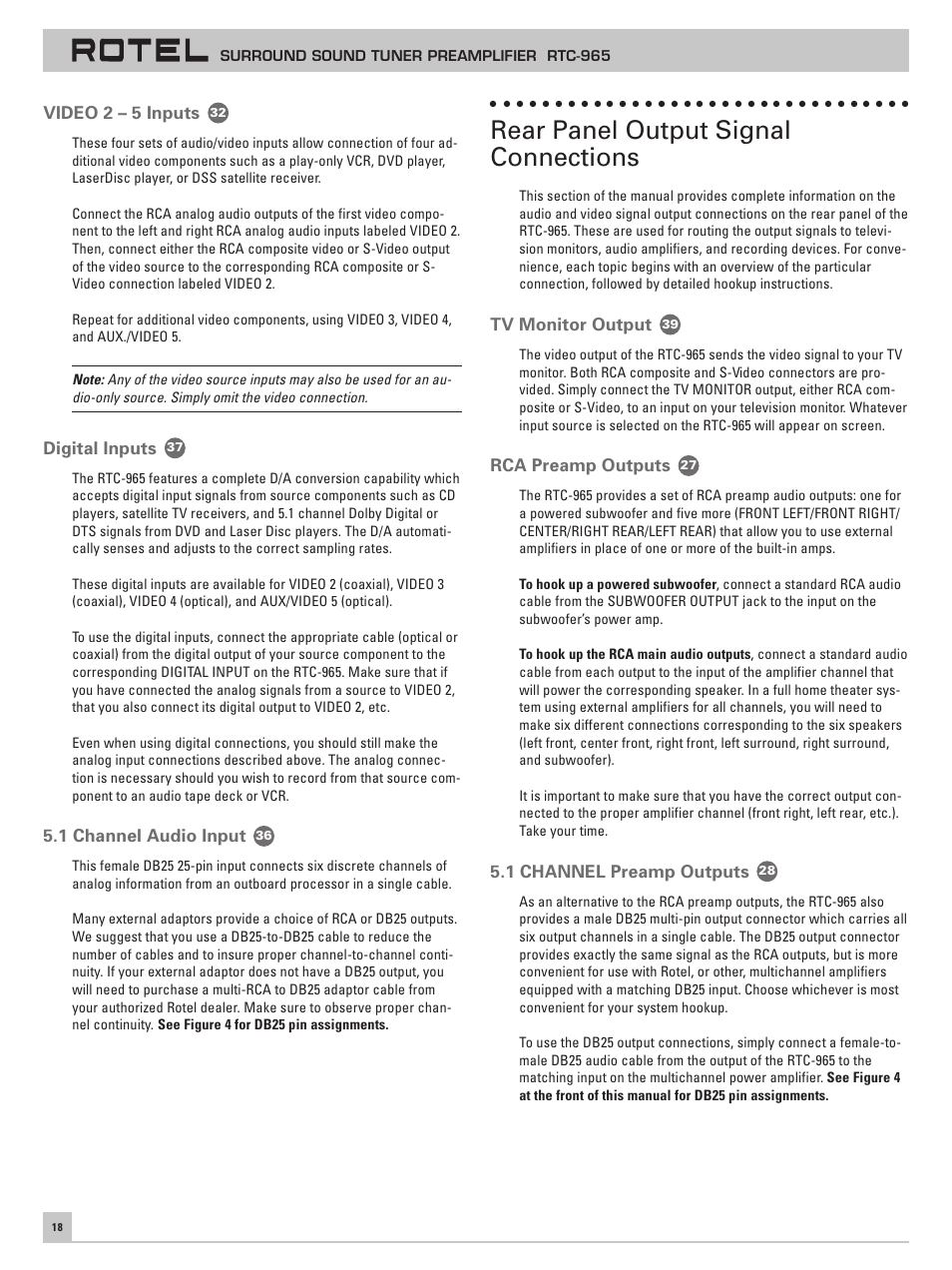 Video 2 – 5 inputs, Digital inputs, 1 channel audio input | Rear panel output signal connections, Tv monitor output, Rca preamp outputs, 1 channel preamp outputs | ROTEL RTC-965 User Manual | Page 18 / 24