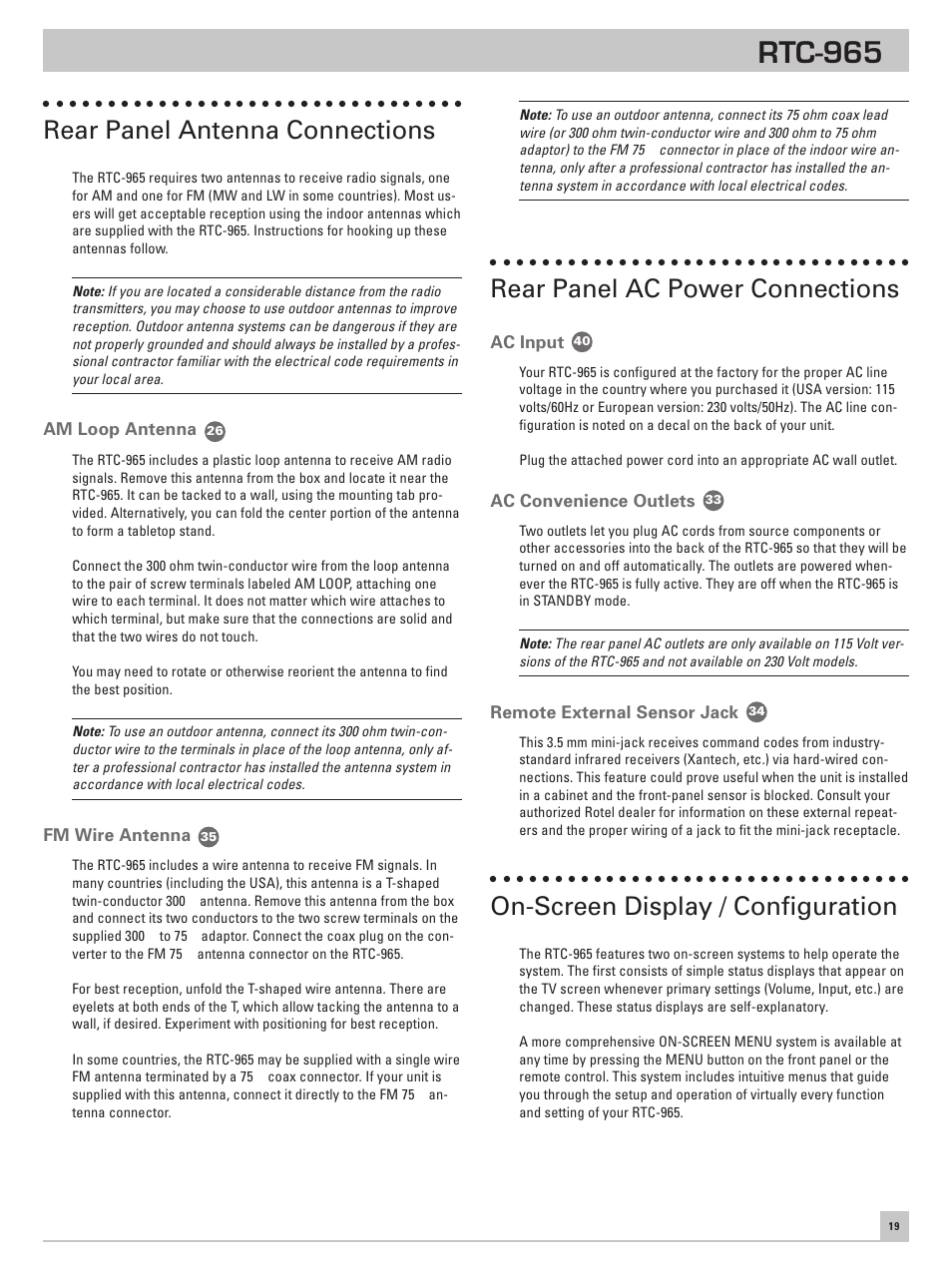 Rear panel antenna connections, Am loop antenna, Fm wire antenna | Rear panel ac power connections, Ac input, Ac convenience outlets, Remote external sensor jack, On-screen display / configuration, Rtc-965 | ROTEL RTC-965 User Manual | Page 19 / 24