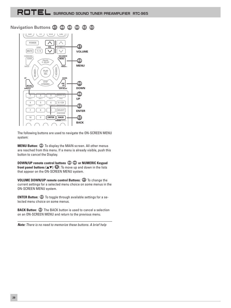 Navigation buttons, Main menu, Surround sound tuner preamplifier rtc-965 | Or numeric keypad front panel buttons ( ) | ROTEL RTC-965 User Manual | Page 20 / 24