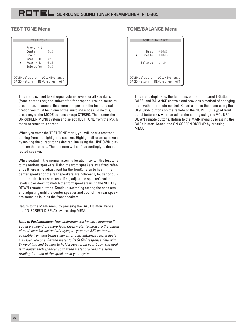 Test tone menu, Tone/balance menu | ROTEL RTC-965 User Manual | Page 22 / 24