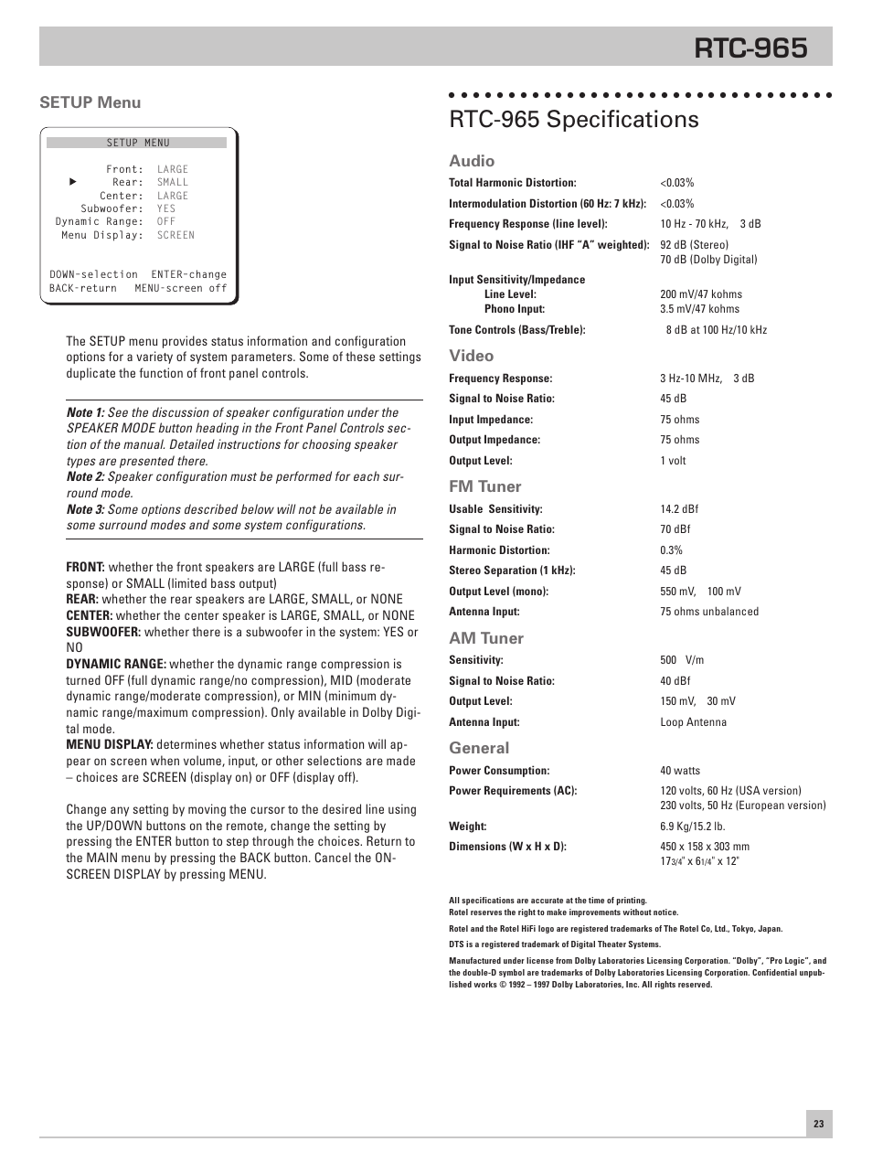 Setup menu, Rtc-965 specifications, Rtc-965 | Audio, Video, Fm tuner, Am tuner, General | ROTEL RTC-965 User Manual | Page 23 / 24