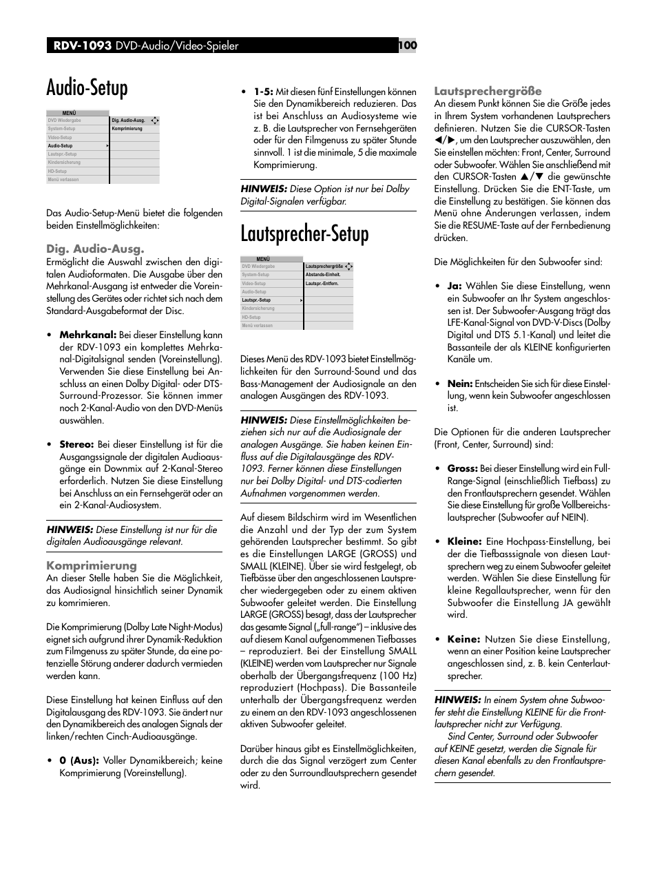 Audio-setup, Dig. audio-ausg, Komprimierung | Lautsprecher-setup, Lautsprechergröße, Rdv-1093 dvd-audio/video-spieler | ROTEL DVD Audio/Video Player RDV-1093 User Manual | Page 100 / 104