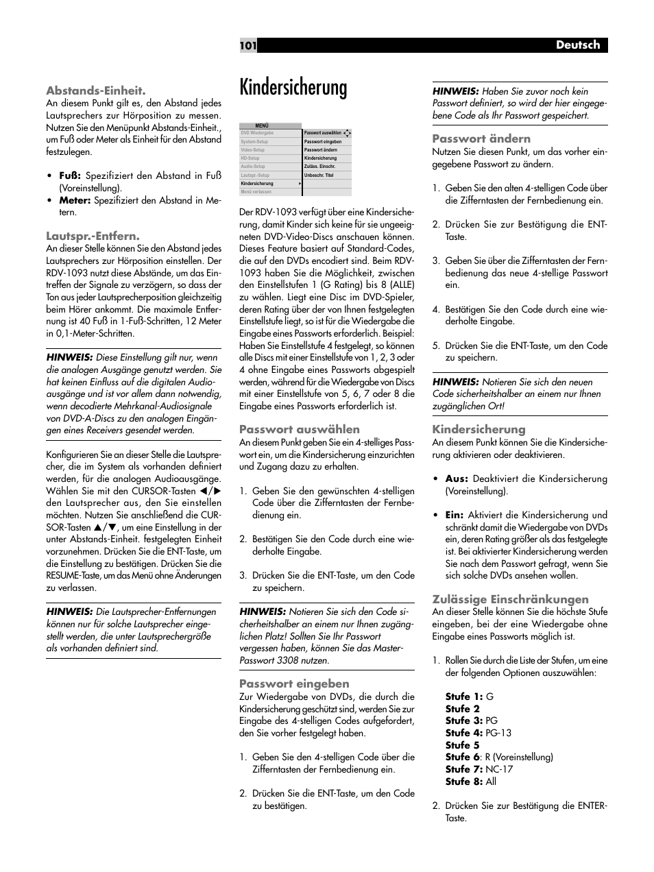 Abstands-einheit, Lautspr.-entfern, Kindersicherung | Passwort auswählen, Passwort eingeben, Passwort ändern, Zulässige einschränkungen | ROTEL DVD Audio/Video Player RDV-1093 User Manual | Page 101 / 104