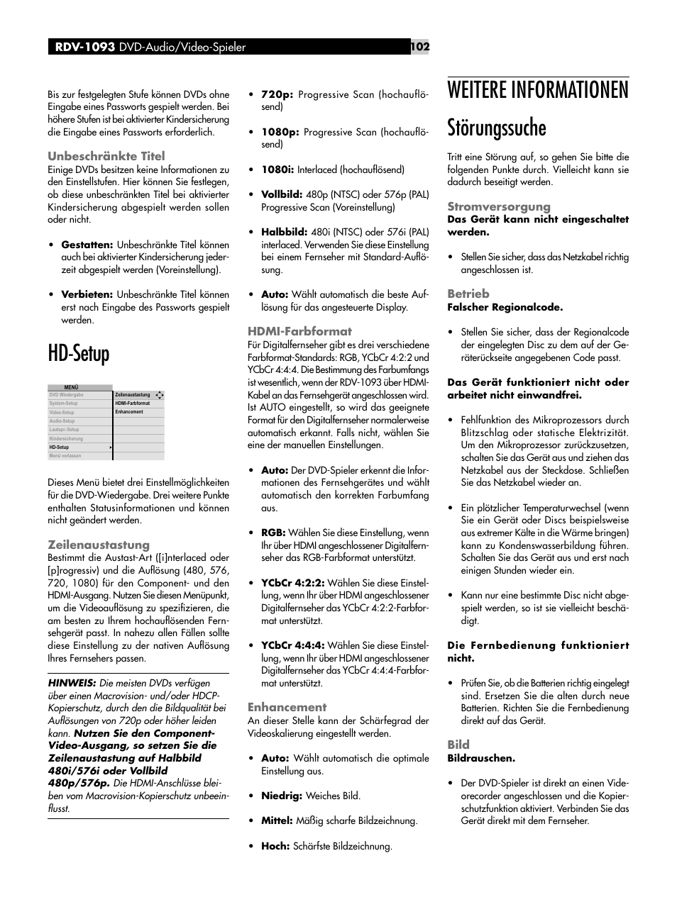 Unbeschränkte titel, Hd-setup, Zeilenaustastung | Hdmi-farbformat, Enhancement, Weitere informationen, Störungssuche, Stromversorgung, Betrieb, Bild | ROTEL DVD Audio/Video Player RDV-1093 User Manual | Page 102 / 104