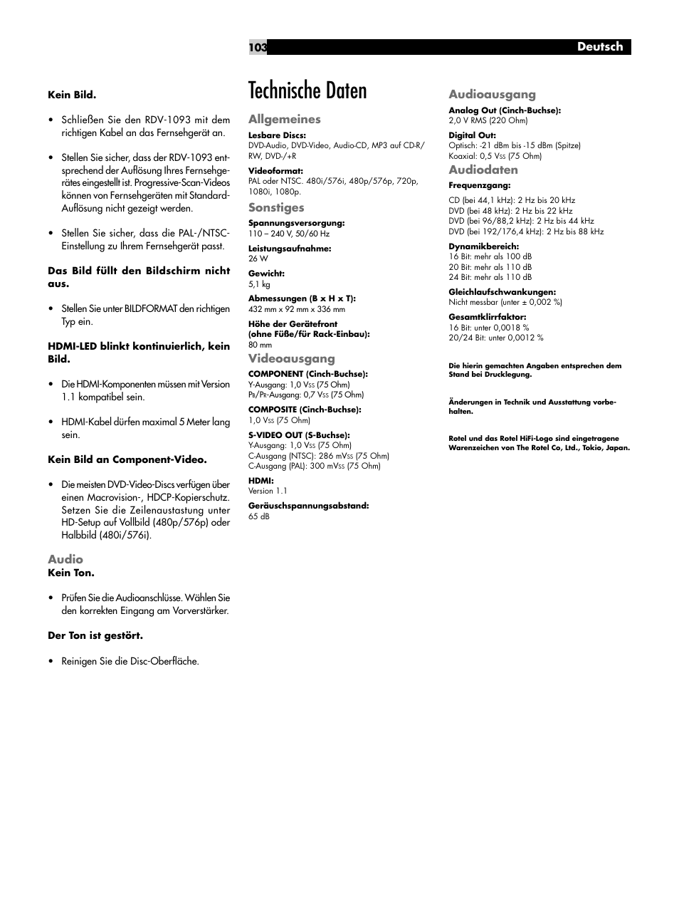 Technische daten, Sonstiges, Videoausgang | Audioausgang, Audiodaten, Deutsch, Audio, Allgemeines | ROTEL DVD Audio/Video Player RDV-1093 User Manual | Page 103 / 104