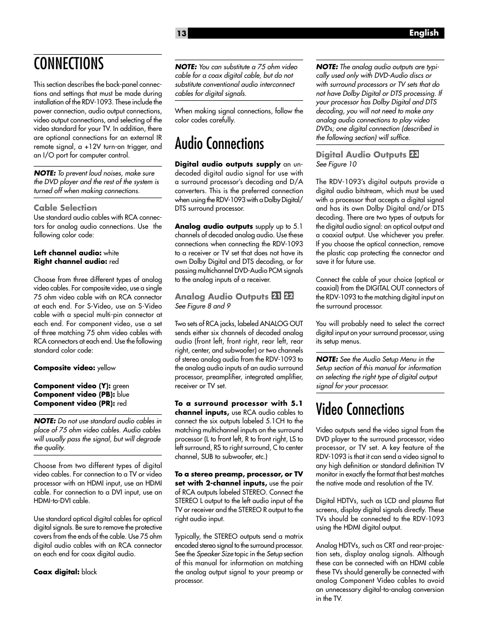 Connections, Cable selection, Audio connections | Analog audio outputs, Digital audio outputs, Video connections | ROTEL DVD Audio/Video Player RDV-1093 User Manual | Page 13 / 104