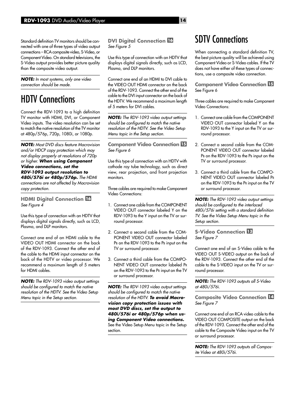 Hdtv connections, Hdmi digital connection, Dvi digital connection | Component video connection, Sdtv connections, S-video connection, Composite video connection | ROTEL DVD Audio/Video Player RDV-1093 User Manual | Page 14 / 104