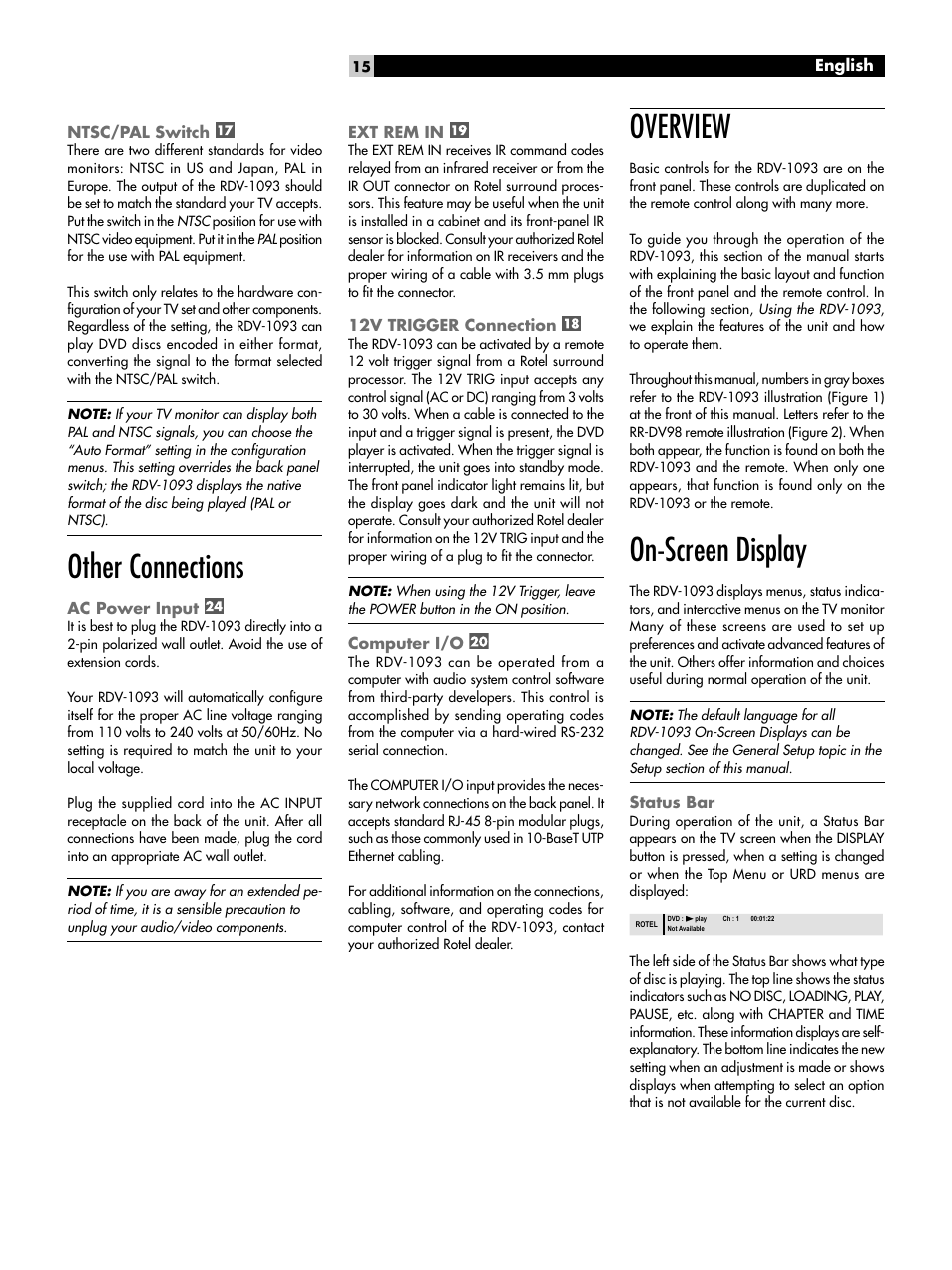 Ntsc/pal switch, Other connections, Ac power input | Ext rem in, 12v trigger connection, Computer i/o, Overview, On-screen display, Status bar | ROTEL DVD Audio/Video Player RDV-1093 User Manual | Page 15 / 104