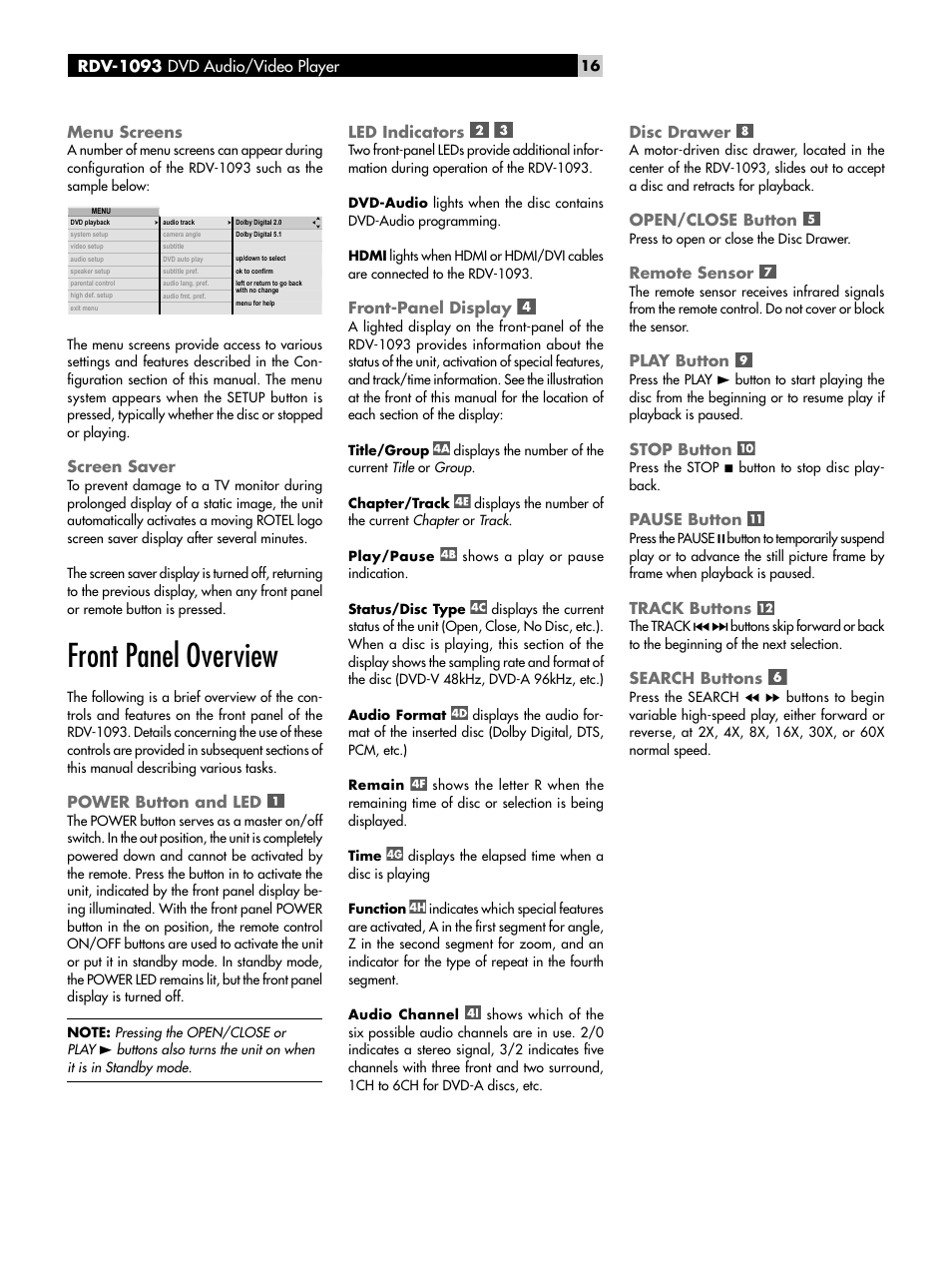 Menu screens, Screen saver, Front panel overview | Power button and led, Led indicators, Front-panel display, Disc drawer, Open/close button, Remote sensor, Play button | ROTEL DVD Audio/Video Player RDV-1093 User Manual | Page 16 / 104