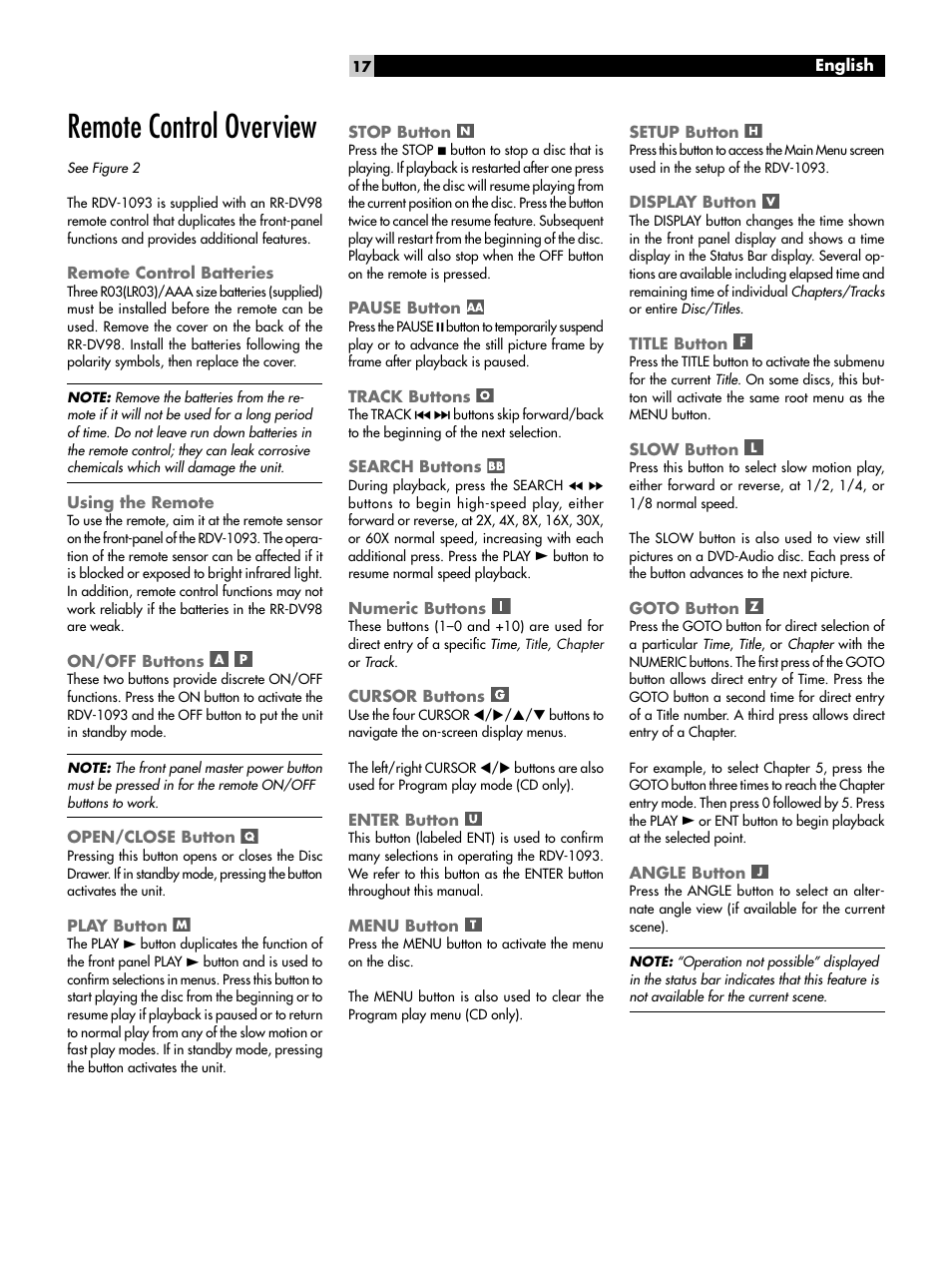 Remote control overview, Remote control batteries, Using the remote | On/off buttons, Open/close button, Play button, Stop button, Pause button, Track buttons, Search buttons | ROTEL DVD Audio/Video Player RDV-1093 User Manual | Page 17 / 104