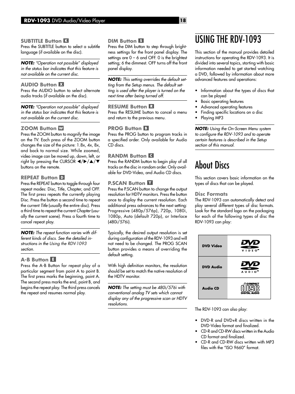 Subtitle button, Audio button, Zoom button | Repeat button, A-b button, Dim button, Resume button, Prog button, Randm button, P.scan button | ROTEL DVD Audio/Video Player RDV-1093 User Manual | Page 18 / 104