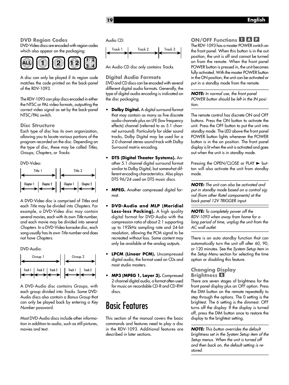 Dvd region codes, Disc structure, Digital audio formats | Basic features, On/off functions, Changing display brightness | ROTEL DVD Audio/Video Player RDV-1093 User Manual | Page 19 / 104