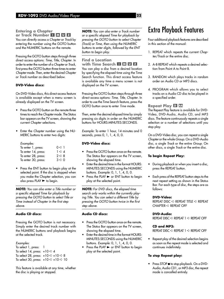 Entering a chapter or track number, Find a location with time search, Extra playback features | Repeat play | ROTEL DVD Audio/Video Player RDV-1093 User Manual | Page 22 / 104