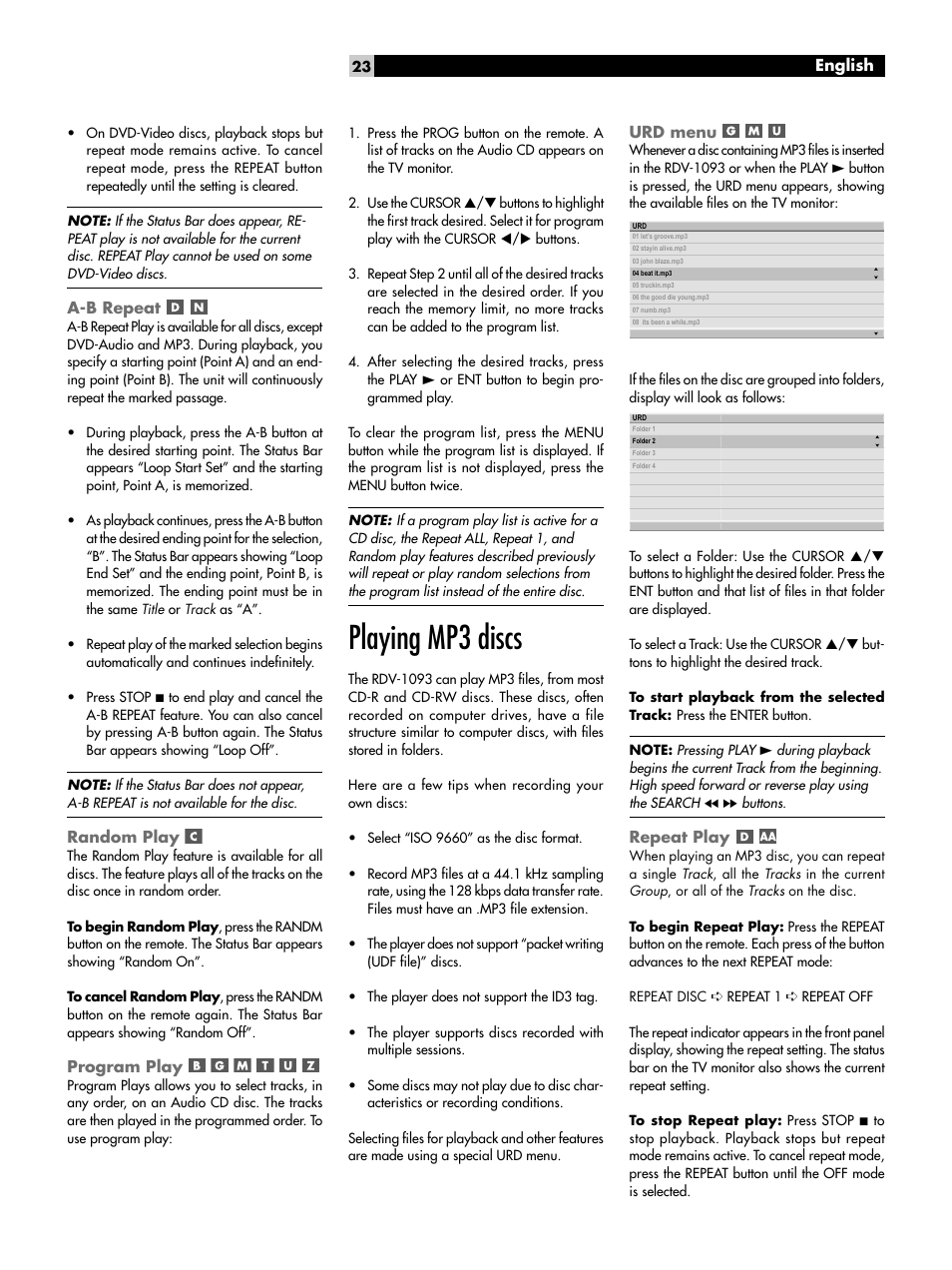 A-b repeat, Random play, Program play | Playing mp3 discs, Urd menu, Repeat play | ROTEL DVD Audio/Video Player RDV-1093 User Manual | Page 23 / 104