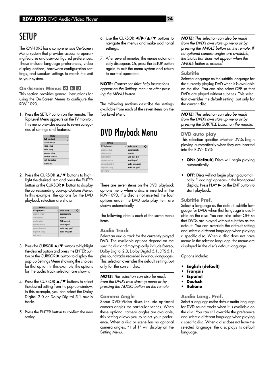 Setup, On-screen menus, Dvd playback menu | Audio track, Camera angle, Subtitle, Dvd auto play, Subtitle pref, Audio lang. pref, Rdv-1093 dvd audio/video player | ROTEL DVD Audio/Video Player RDV-1093 User Manual | Page 24 / 104