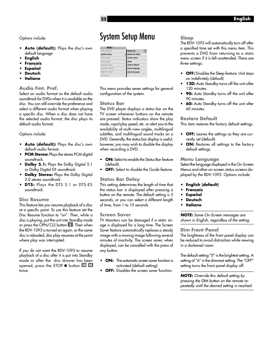 Audio fmt. pref, Disc resume, System setup menu | Status bar, Status bar delay, Screen saver, Sleep, Restore default, Menu language, Dim front panel | ROTEL DVD Audio/Video Player RDV-1093 User Manual | Page 25 / 104