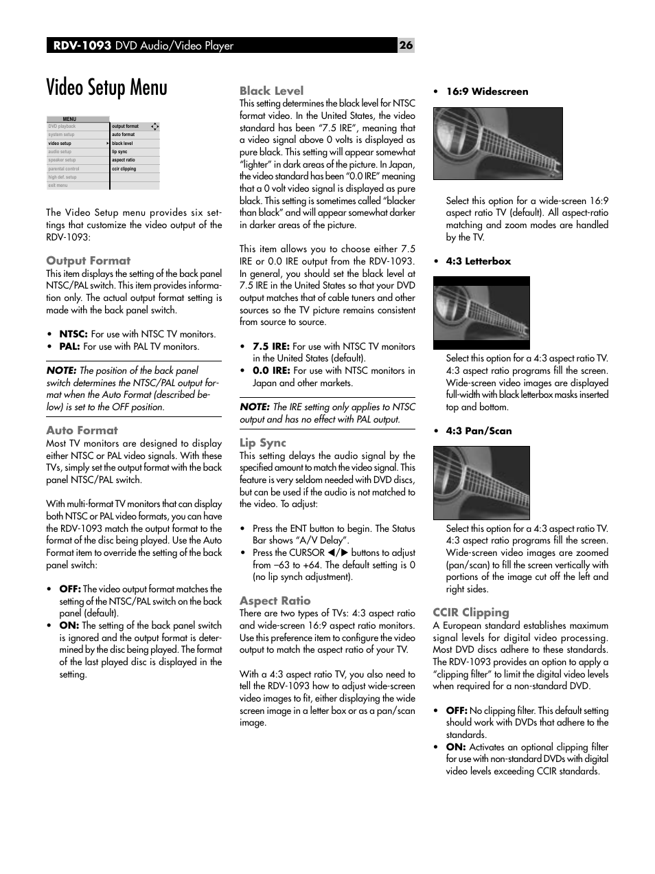 Video setup menu, Output format, Auto format | Black level, Lip sync, Aspect ratio, Ccir clipping | ROTEL DVD Audio/Video Player RDV-1093 User Manual | Page 26 / 104