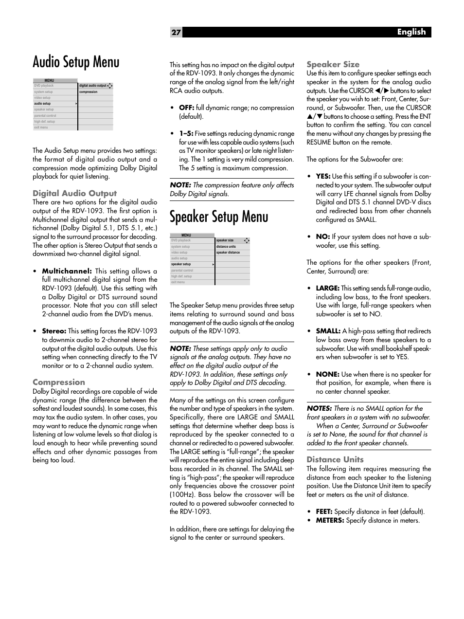 Audio setup menu, Digital audio output, Compression | Speaker setup menu, Speaker size, Distance units, English | ROTEL DVD Audio/Video Player RDV-1093 User Manual | Page 27 / 104