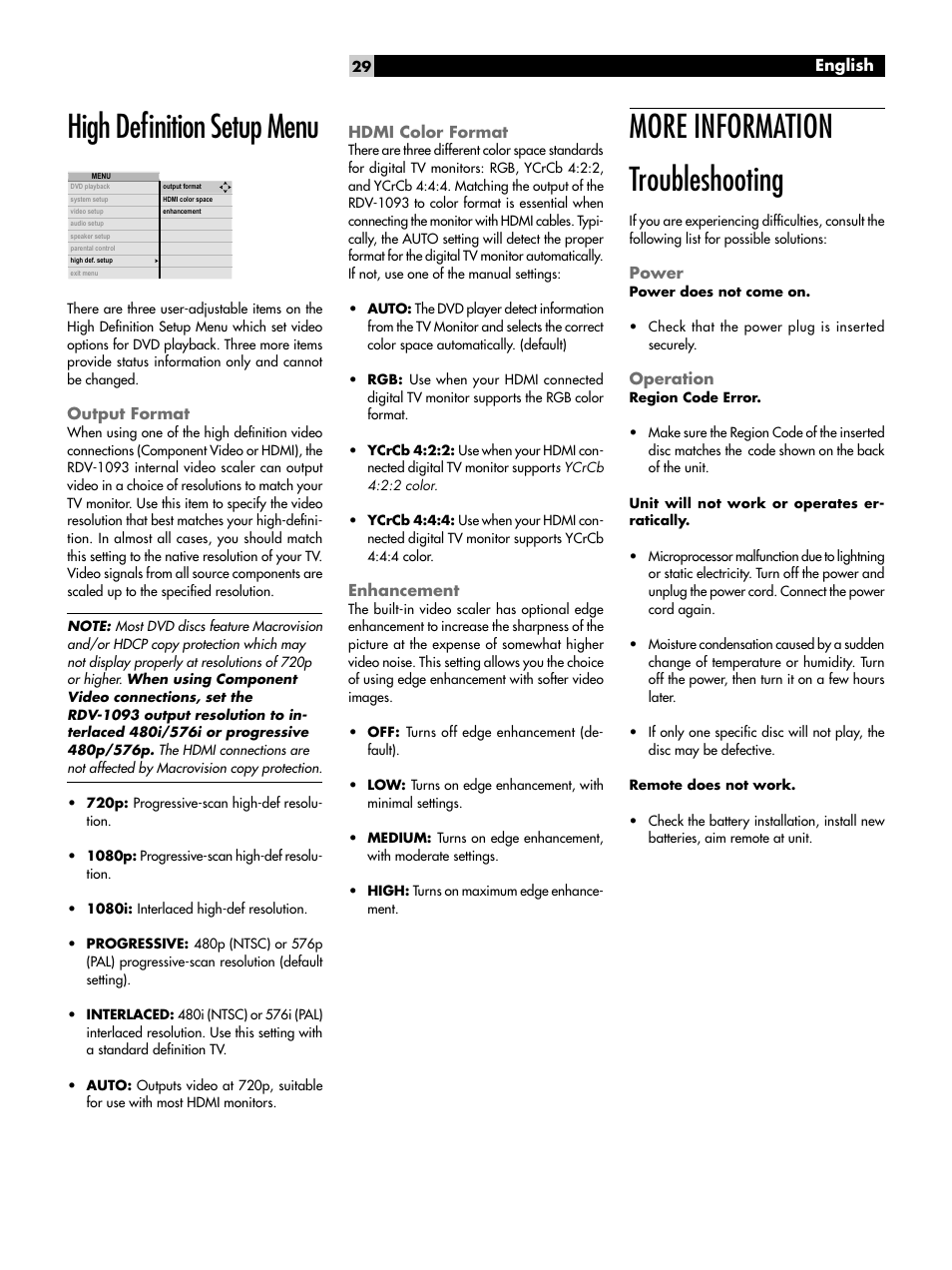 High deﬁnition setup menu, Output format, Hdmi color format | Enhancement, More information, Troubleshooting, Power, Operation, More information troubleshooting | ROTEL DVD Audio/Video Player RDV-1093 User Manual | Page 29 / 104