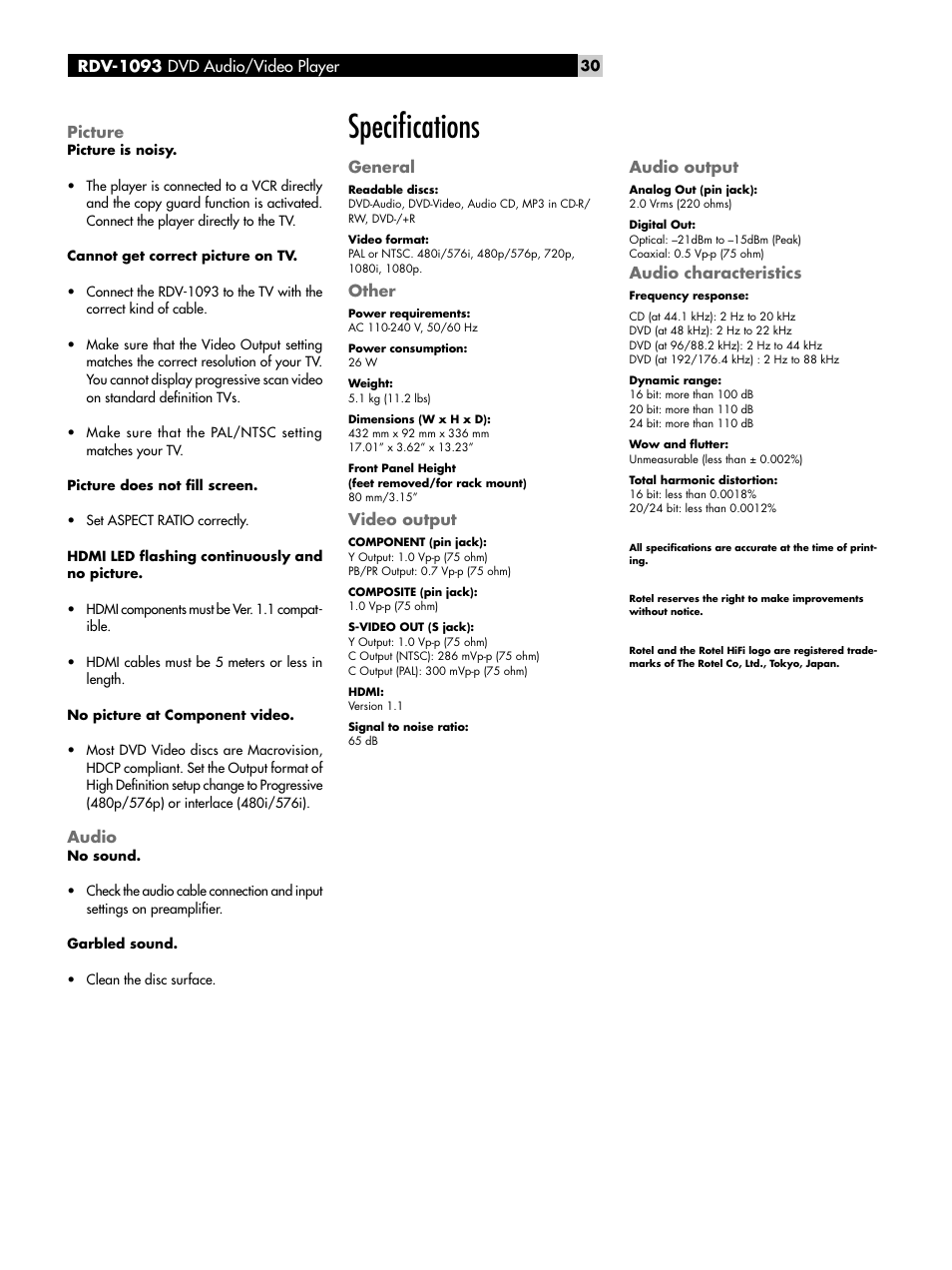 Picture, Audio, Speciﬁcations | General, Other, Video output, Audio output, Audio characteristics, Rdv-1093 dvd audio/video player picture | ROTEL DVD Audio/Video Player RDV-1093 User Manual | Page 30 / 104